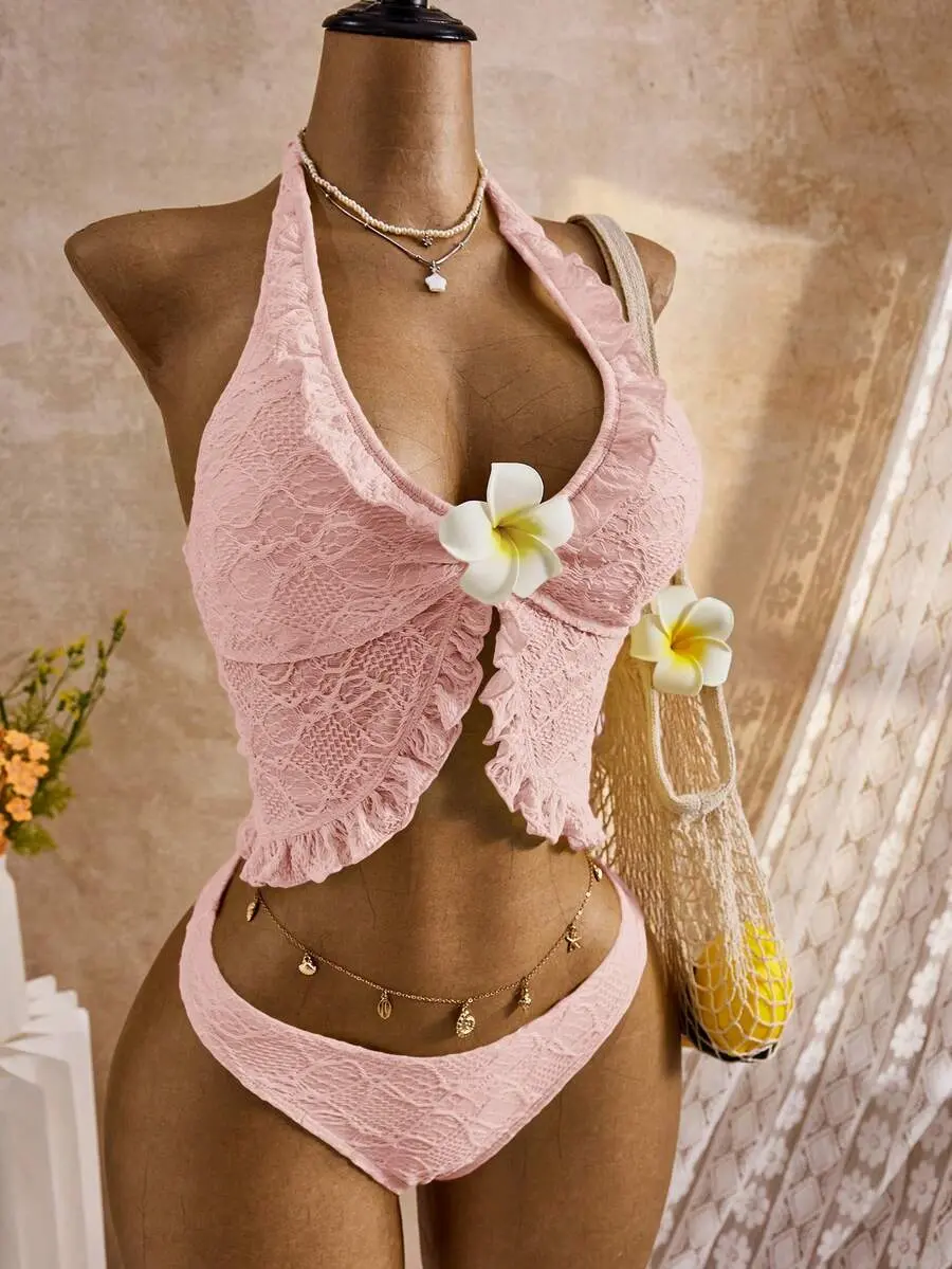 DAMIKA Bikini 2-Piece Set,Summer Tropical Beach Holiday Vacation Holiday Outfit,Hollow Floral Texture BOHO Daisy 3D Decor Padded Swimwear
