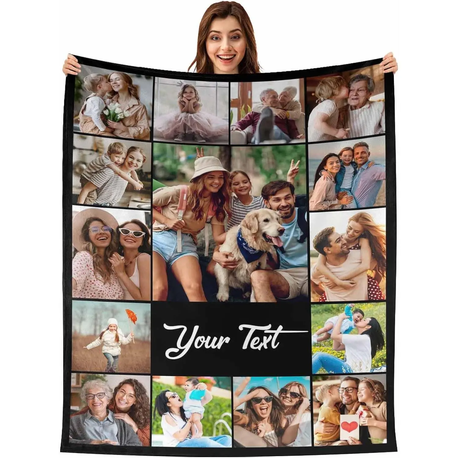 Custom Family Photo Flannel Throw Blanket, 12-Photo Collage Blanket with Large Personalized Text Area, Soft Cozy Warm Blanket for Family Reunion, Christmas, Thanksgiving & Memory Gift for Home Decor
