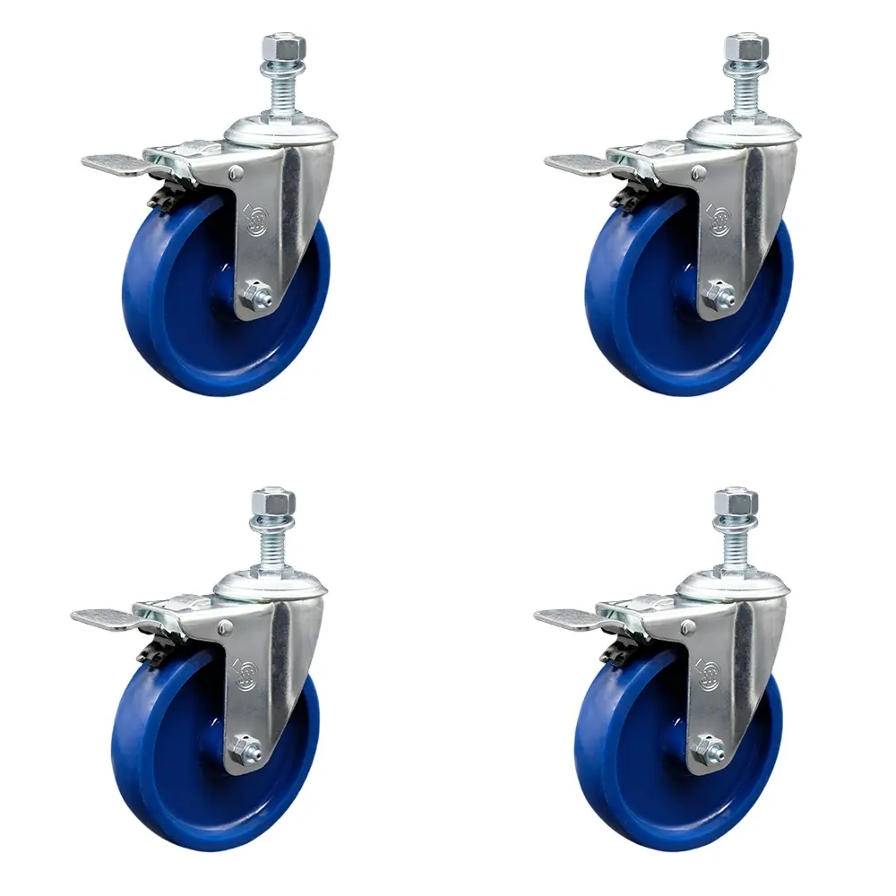 Furniture Moving Wheels, 4-Pack Heavy-Duty Lockable Swivel Wheels with Molded Solid-Piece Polyurethane Threaded Stems, 5x1.25 in Blue, 0.38 in Stems, 1200 lbs Capacity for Carts & Material Handling Equipment (SCC-TSTTL20S514-SPUS-381615-4), Furniture Movi