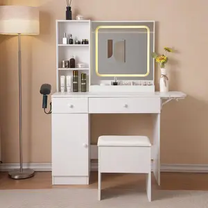 Bellemave Vanity Desk with Lighted LED Mirror & Power Outlet Makeup Table with Drawers Large Storage Cabinet 3 Lighting Modes Adjustable Brightness White
