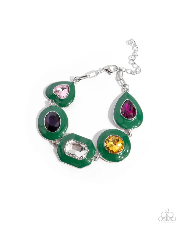 Unisex Adjustable Glazed Green Gem Clip Bangle - Modern Casual Colored Costume Jewelry for Guests, No Warning Applicable