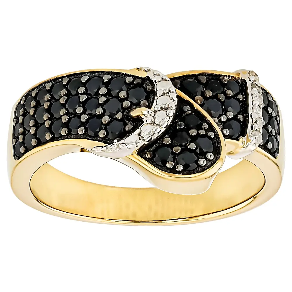 JTV Black Spinel With White Diamond 18k Yellow gold Over Sterling Silver Ring 0.62ctw