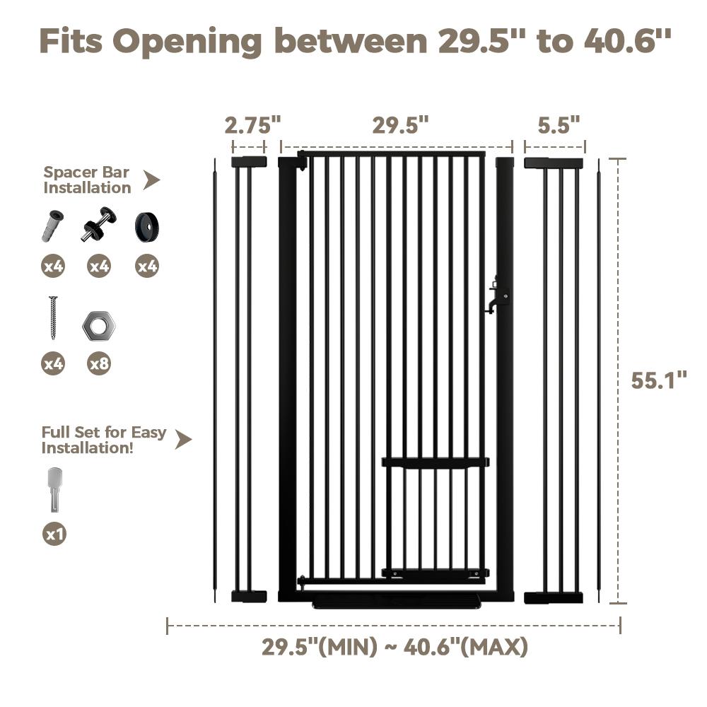 55.1" Extra Tall Pet Gate, 29.5-40.6" Extra Wide Cat Gate, With Adjustable Cat Door, Pressure Mounted Easy Walk Through Pet Gate with Door for Stairs, Doorways, Kitchen, Pet Gate, Black