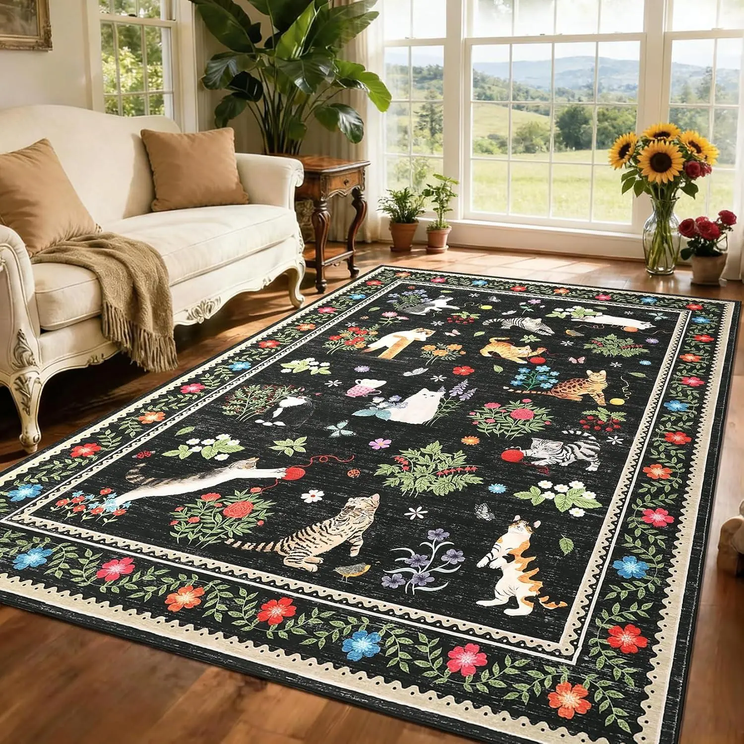 GAOMON Rectangular Indoor Cat Rug - 2x6ft/61x183cm Black, Modern Floral Animals Print, Non-Slip Non-Shedding Stainproof, Soft Machine Wash Easy Clean Bedroom Carpet