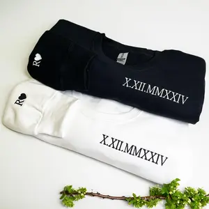 Custom Embroidered Roman Numeral Crewneck Sweatshirt, Personalized Date Initials Gift for Couples, Engagement, Anniversary, Embroidered Long Sleeve Sweatshirt Menswear Tops