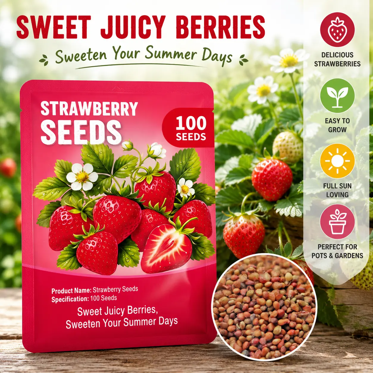 Strawberry Seeds 100 Pack Non-GMO Sweet Juicy Berries High Germination High Yield Easy to Grow Heirloom Seeds for Garden Balcony Containers