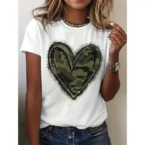 1pc Women Casual Polyester T Shirt Camouflage Love Heart Graphic Crew Neck Short Sleeve Top Summer Spring Fashion Trendy