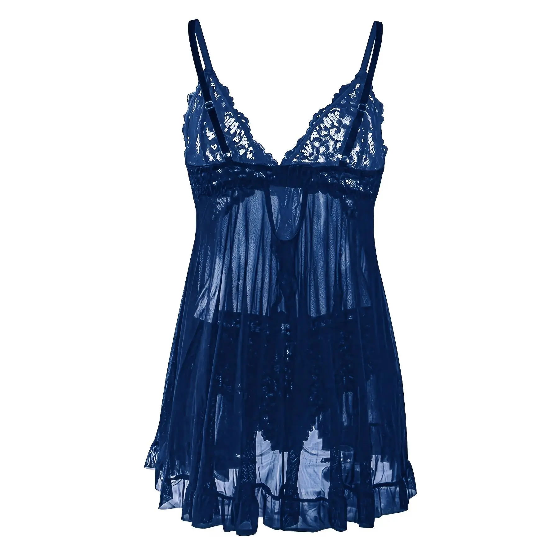 Large Size Lace Sleepwear Dress - Exquisite Contrast Lace, Flattering V-Neckline, Daring Backless Design, Delicate Ruffle Large Size Lace Sleepwear Dress - Exquisite Contrast Lace, Flattering V-Neckline, Daring Backless Design, Delicate Ruffle
