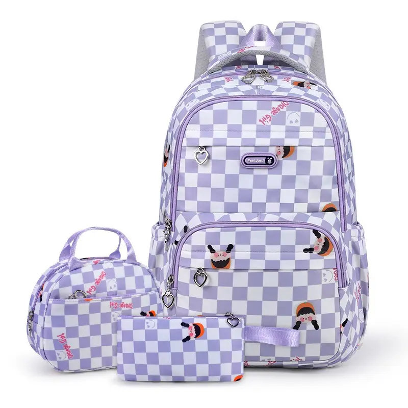 3Pcs Purple White Checkered Cartoon Girl Print Backpack Set for Teen Girls, Large Capacity Multi-Layer Water Resistant Student Backpack, Lightweight Adjustable Shoulder Straps Casual Daypack, Matching Insulated Lunch Bag & Pencil Pouch Combo for School