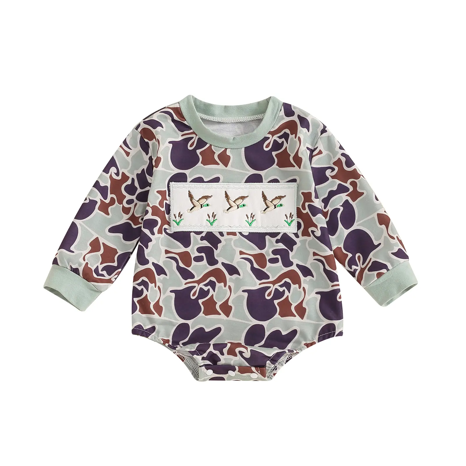 Duck Hunting Baby Onesie Bodysuit Infant Baby Boys Girls Camoflage Embroidered Mallard Duck Long Sleeve Sweatshirt Romper
