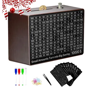 Large Money Saving Box,9.1 x 6.7 x 3.2 Inches,Wood Savings Challenge Box with 10 Targets $200 to $10000,Reusable Cash Savings Box for Kids and Adults,Brown