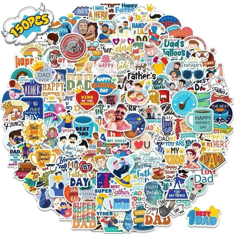 Happy Father's Day Stickers 50Pcs - Super Dad Waterproof Vinyl Decals for Water Bottles, Laptop, Luggage, Cup, Mobile Phone, Skateboard & More