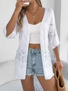 Women's Plain Hollow Out Open Front Sweater Cardigan, Casual Half Sleeve Knitwear for Spring & Fall, Fashion Women's Knit Clothing for Daily Wear
