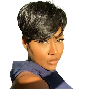 Women's 6-Inch Remy Human Hair Full Machine Wig, 180% Density Short Straight Pixie Cut, Natural Black, for Daily Wear & Party, Fashion Basics Wig