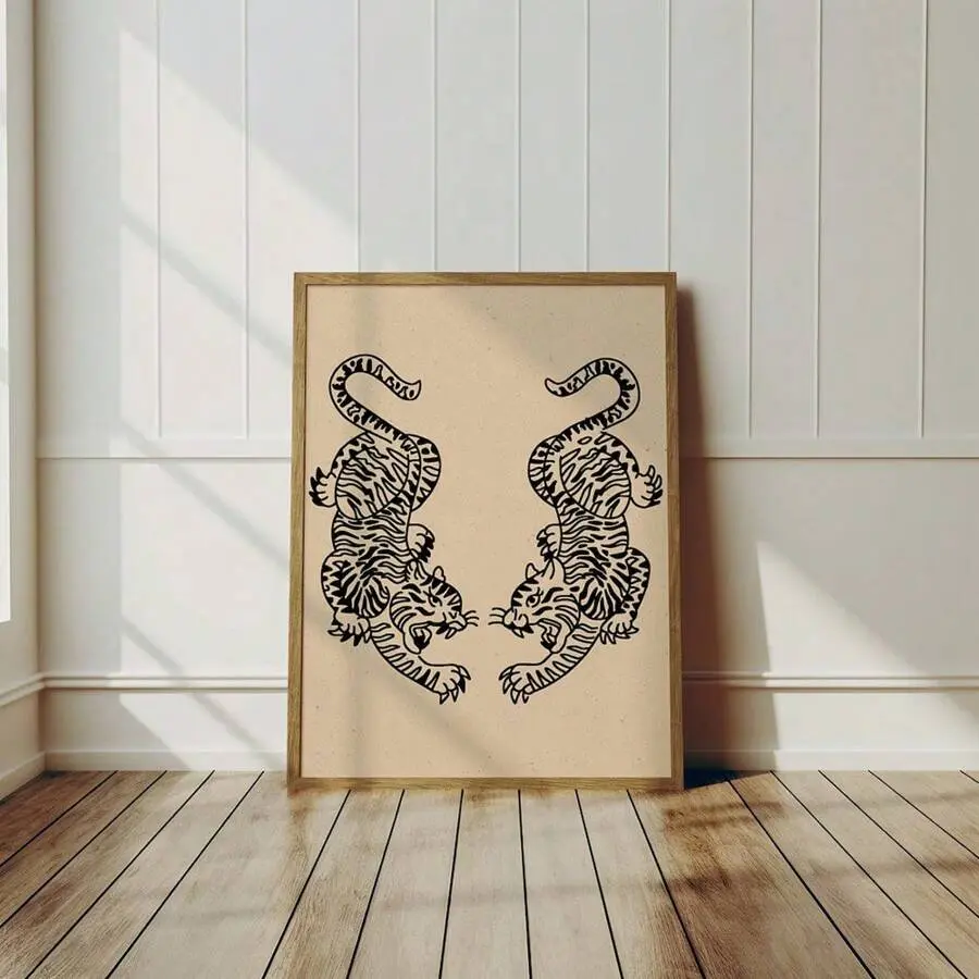 1pc Unframed Vintage Abstract Tiger Japanese Style Art Poster Aesthetic Y2K Retro Painting Canvas Print Maximalist Wall Picture Ideal Gift For Dorm,Bedroom,Apartment,Living Room,Home Decoration Artistic