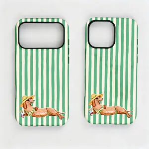 Cute Dachshund Cellphone Casing for iPhone 13/14/15/16/17 Pro Max Plus, Striped Aesthetic Dog Illustration, Waterproof Beach-Style, Anti-Theft Handheld, Tough Protection Tech Accessory for Mobile Devices