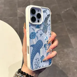 Magnetic Compatible Case for iPhone 17 16 E Pro Max 15 Plus 14 13 12 11 XS XR, Coquette Whale shark ocean pattern Style | Trendy, Silicone, Lightweight, Shockproof, and Girly Protection