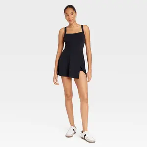 Women's Knit Squareneck Slit Active Dress - JoyLab Black M: Built-in Shorts, Sleeveless, Fit