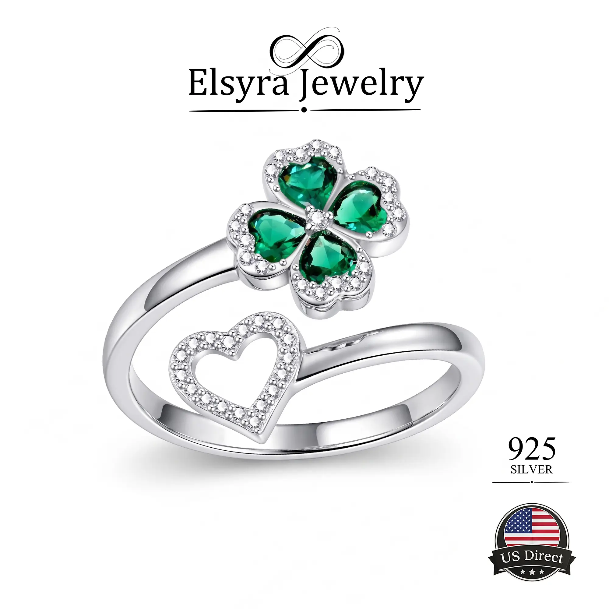 Elsyra S925 Sterling Silver Four Leaf Clover Ring for Women, Emerald Green Heart Bypass Open Ring, Lucky Jewelry Gift, Adjustable Promise Ring with Cubic Zirconia, Elegant Anniversary Gift for Her