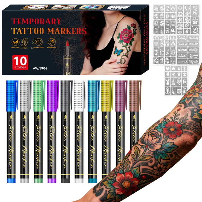 10PCS Temporary Tattoo Markers  for Skin Body Markers 10 Colors Tattoo Pens 5 Stencils Waterproof Sweatproof Long-lasting Face Paint Kit Cosmetic Quality Easy To Remove Perfect for Parties Festive Gifts Halloween Makeup Christmas Gifts