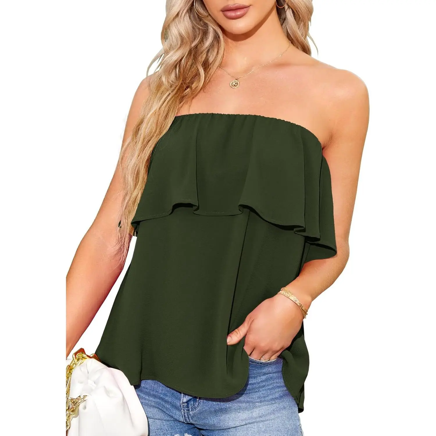Womens Ruffles Tie Front Blouse Chiffon Strapless Tiered Tube Tops Shirts
