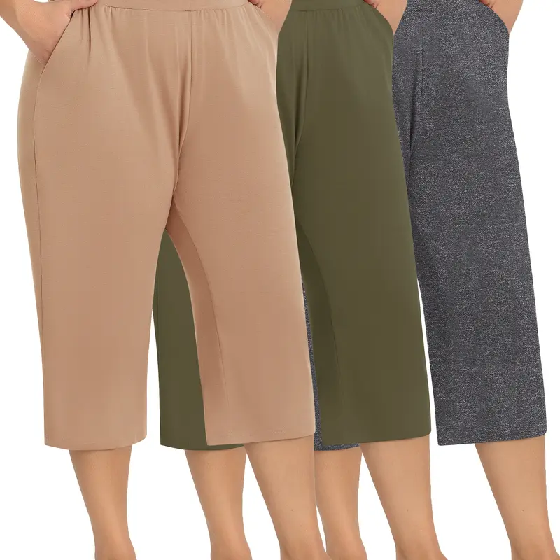 Women's Plus Size 3-Pack Loose Capri Bottoms - Casual Comfy Elastic Waist Wide-Leg Boho Chic Trousers with Pockets, Airy Lady's Clothes for Yoga & Lounge Summer Outfits (Light Grey+Dark Grey+Black)