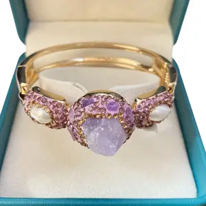 Trendy European And Style Purple Mineral Pearl Bracelet, an Alloy Bangle Designed As an Open Piece for Women'S Jewelry Gifts.