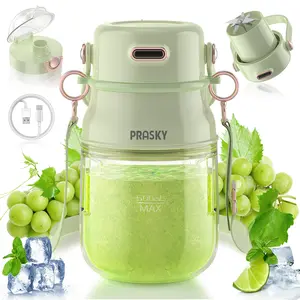 Prasky Portable Blender, Type-C Rechargeable blender, Mini Blender, Personal Blender for Fresh Juice, Smoothies & Protein Shakes with Extra Lid and Shoulder Strap, Dishwasher Safe Parts, Ideal for Gym/Travel/Kitchen/School/Driving Support Fast Charge