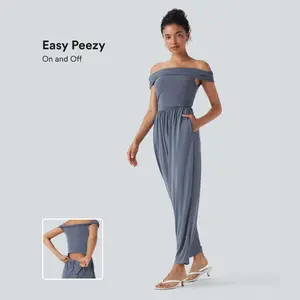 Halara Off Shoulder Back Zipper Casual Jumpsuit with Pockets-Easy Peezy