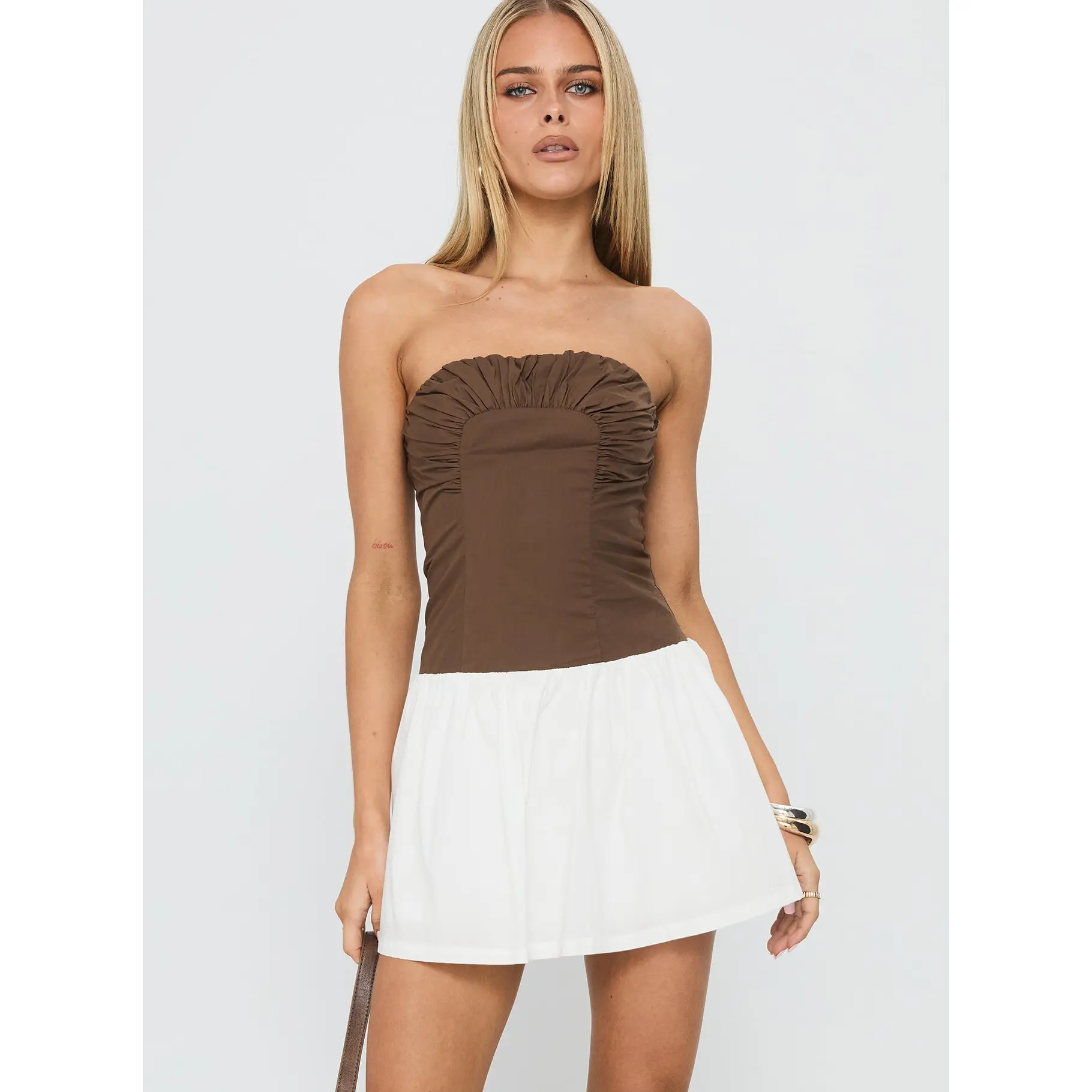Sicialia Strapless Mini Dress Brown / White