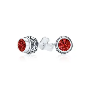 Boho Bali Birthstone Gemstone Stud Earrings Oxidized Silver