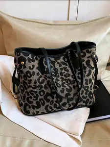 New Stylish and Simple Large-Capacity Tote Bag - Leopard Print PU Leather Shoulder Bag with Black Trim, Metal Hardware, and Dual Top Handles, Ladies Large-Capacity Shoulder Tote Bag Suitable for Commuting, Shopping, Travel
