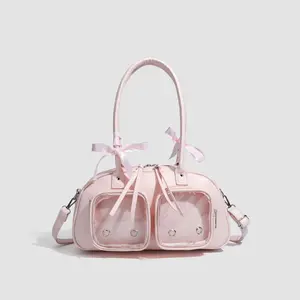 Pastel Pink Coquette Ita Bag – Dual Clear Display Pockets & Ribbon Accents, Convertible Underarm & Crossbody Bag for Sweet & Spicy Outfits