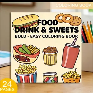Coloring Book with Food, Drinks, and Desserts, 24 Sheets, Thick Paper, Perfect for Adults, Family Gatherings, Holiday Decorations