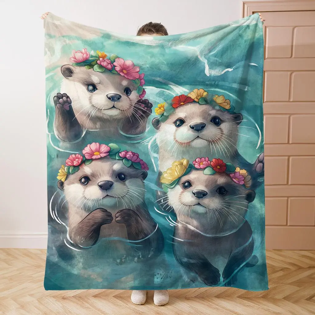Cute Otter Pattern Flannel Blanket, Soft Comfortable Throw Blanket, Cool Bedroom Bedding Blankets, Warm Napping Blanket for Home Office Travel