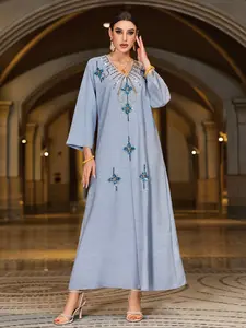 Elegant Light Blue Embroidered Long Dress, V-Neck Sleeveless Design, Perfect for Weddings & Festivals, Stylish Women's Clothing