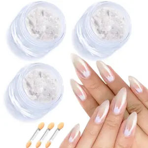 3PCS Moonlight White Pearl Chrome Nail Powder Kit Super Glossy Clear Mirror Effect Holographic Pearl Glitter for Salon-Quality Manicures & DIY Nail Art with Sponge Stick