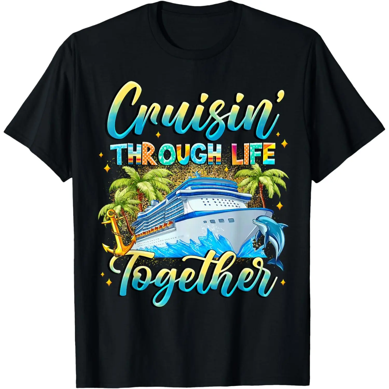 Women's Casual Graphic T-Shirt, Cruisin Through Life Together Cotton Round Neck Short Sleeve Top for Cruise Couples