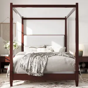 Queen Canopy Bed with Upholstered Headboard,Solid Wood 4 Poster Platform Bed Frame with Tapered Legs,Mid Century Modern Canopy Beds with Slats Support for Bedroom Living Room,Easy Assembly,Espresso