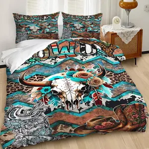 Vibrant Western Style Duvet Cover Set, Decorative Duvet Cover, Bold Cowboy Skull and Floral Bedding Set, Cozy for Rustic Bedroom Decor, Featuring Colorful HOWDY Design with Chevron Patterns, Contains 1 duvet cover, 1 or 2 pillowcases (without filling