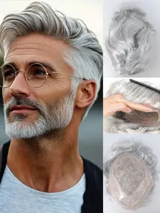 #1B90 Mixed Grey Mono PU With Breathable Lace Toupee For Men Human Hair Natural Wave Invisible Hairpiece Lace Front Male Wig Lace Closure Wig Men‘s Capillary Prosthesis 8x10Inch