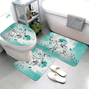 3-Piece Turquoise Daisy Butterfly Bathroom Rug Set, Floral Non-Slip Absorbent Mats, Teal Decor Toilet Lid Cover & U-Shape Pad