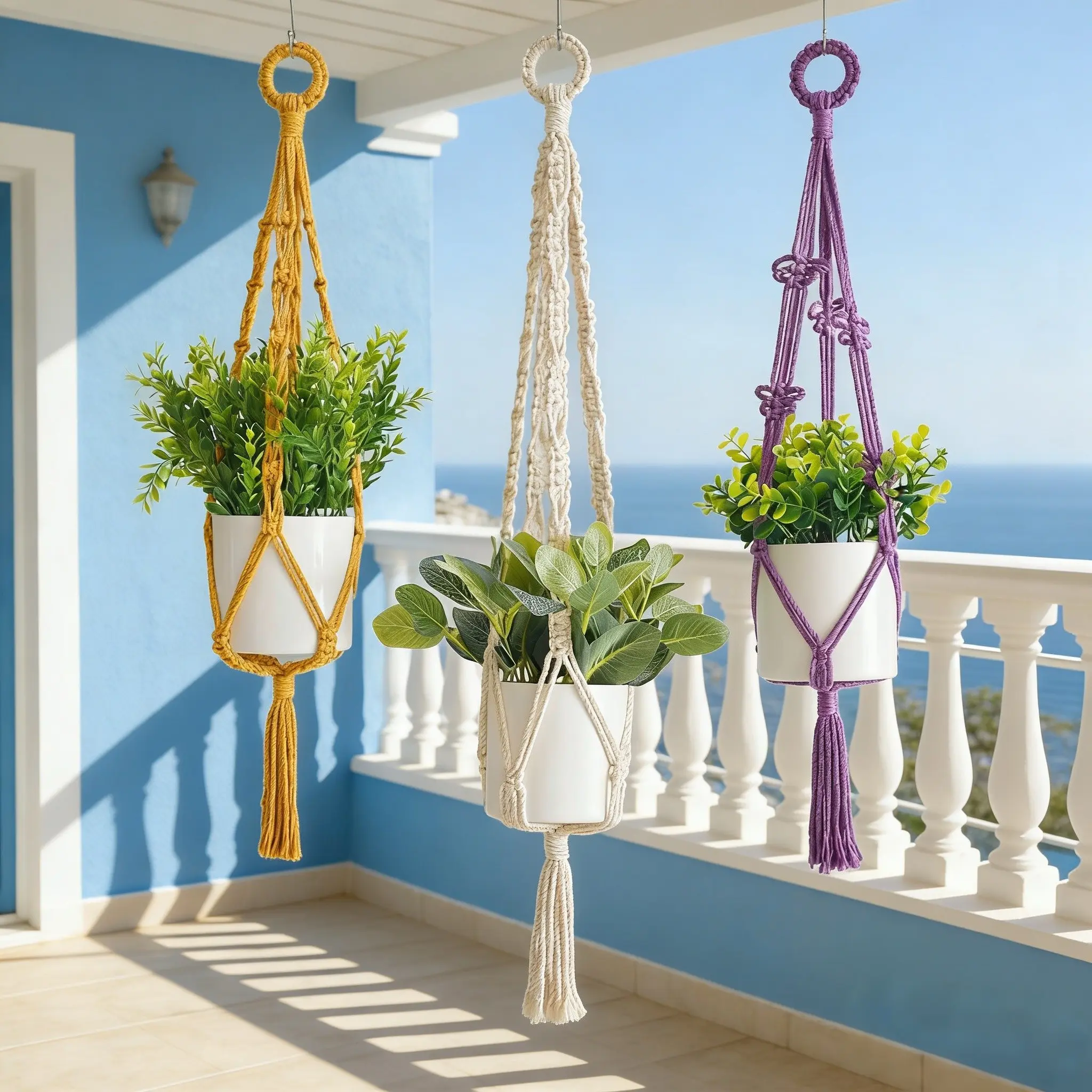 3pcs Set Macrame Plant Hangers, Boho Style Hanging Planter Basket Decor, Handmade Woven Indoor Greenery Decoration, Colorful Hanging Rope, Hanging Flower Pots, Hanging Flowers Basket, Plant Holders