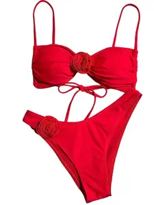 3D Rose Flower Bikini Set | Sexy Push-Up High Cut Swimsuit with Floral Details