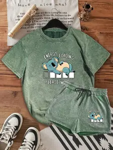 Two-Piece Set Women's Cartoon Koala Print Tee & Shorts, Casual Fashion Round Neck T-shirt & Shorts for Daily Wear, Ladies Summer Clothes, Suits