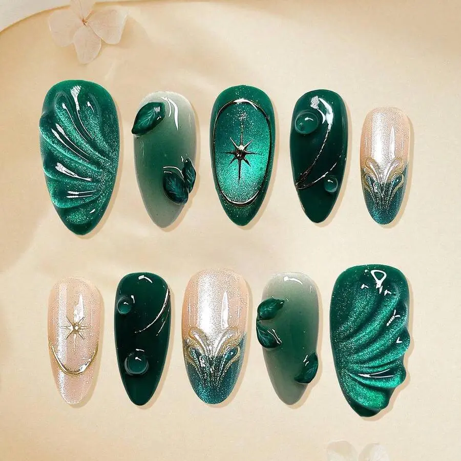 10pcs French Green Cat Eye Nail Stickers, Handmade Almond-Shaped Press-On Nail Strips, Y2K Retro Style, 3D Leaf, Butterfly & Wat