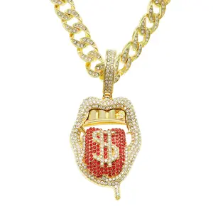 Hip Hop 3D Full Diamond Dollar Tongue Pendant with Trendy Exaggerated Cuban Chain Necklace, Fashion Costume Chain Jewelry Necklaces Accessory
