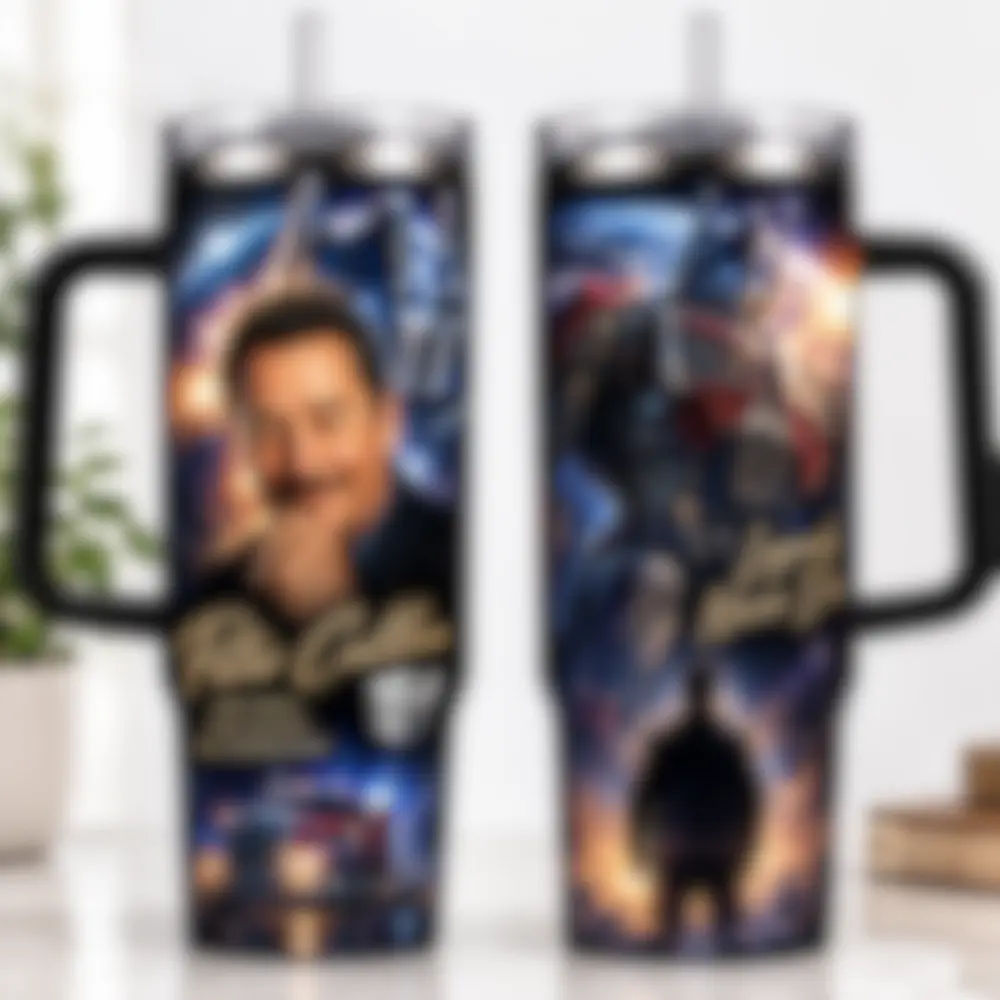 Pet3r Cull3n Tribute Tumbler with Handle & Straw, Legendary Voice Actor Inspired Travel Cup, Retro Animation & Sci Fi Fan Gift, Character Voice Collage Tumbler, Collector Drinkware