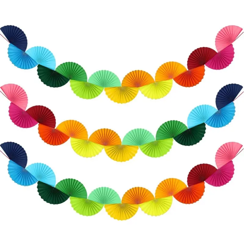 3-Pack Rainbow Hues Paper Fan Garland, 1.6m Bright Colors Party Decor, Easy-To-Hang Hanging Decoration for Carnival, Pride Festival, Classroom Use