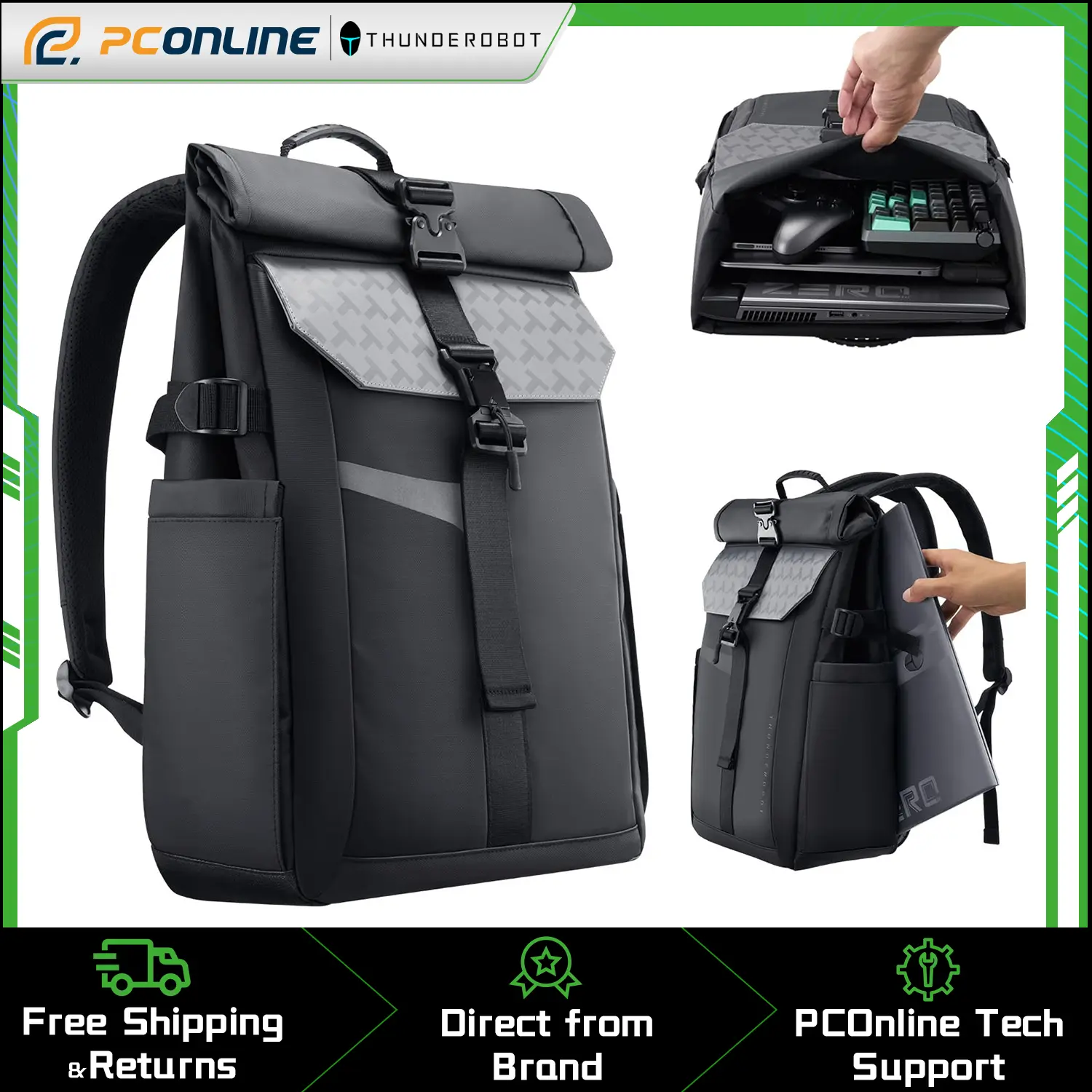 Thunderobot Dark Warrior Pro Gaming Backpack for 17.3 Inch Laptops, Expandable Fold-Over Design with Anti-Theft Buckle and Waterproof Laptop Compartment, Water-Resistant PU-Coated Fabric, Laptop Sleeve